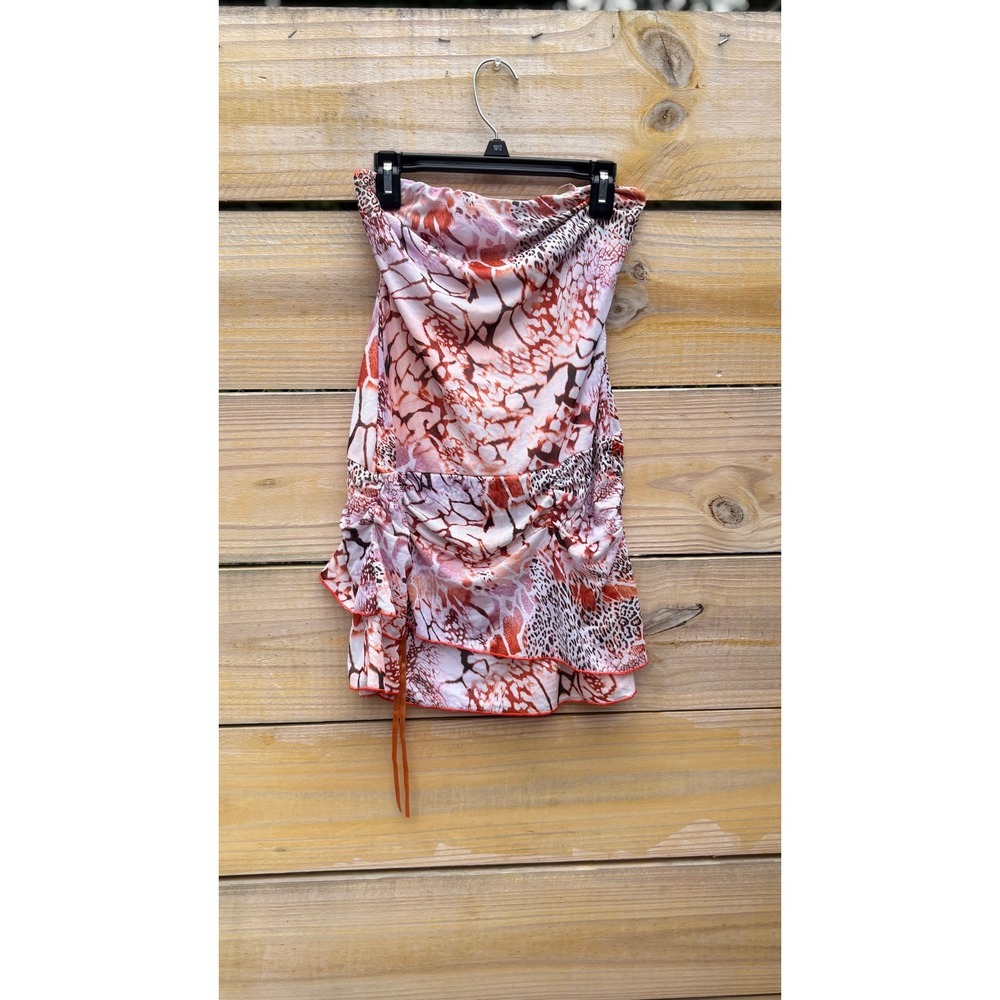 Blanc Clothing Strapless Animal Print Ruched Mini Dress Orange Brown White M